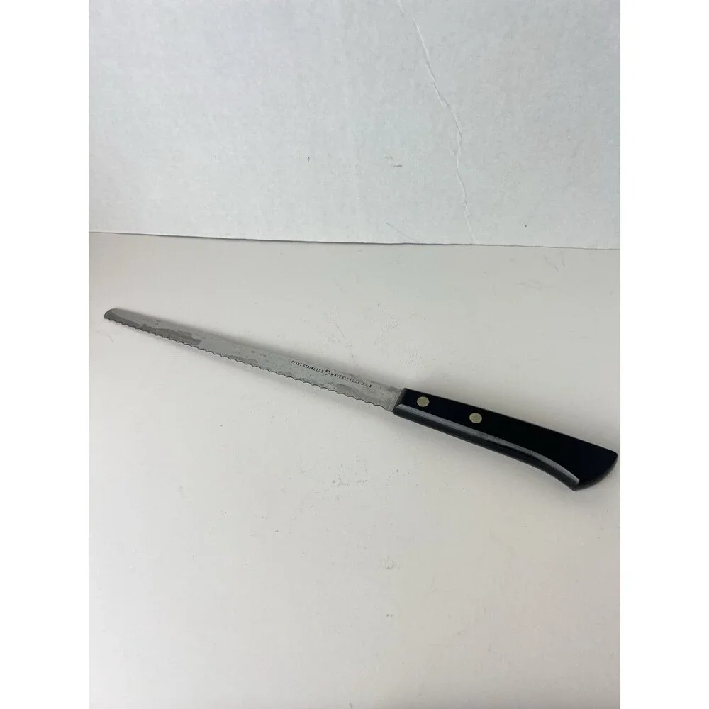 Vintage Ekco Flint Knife Wall Mount Wood Block 3 Stainless Knives Black Handle